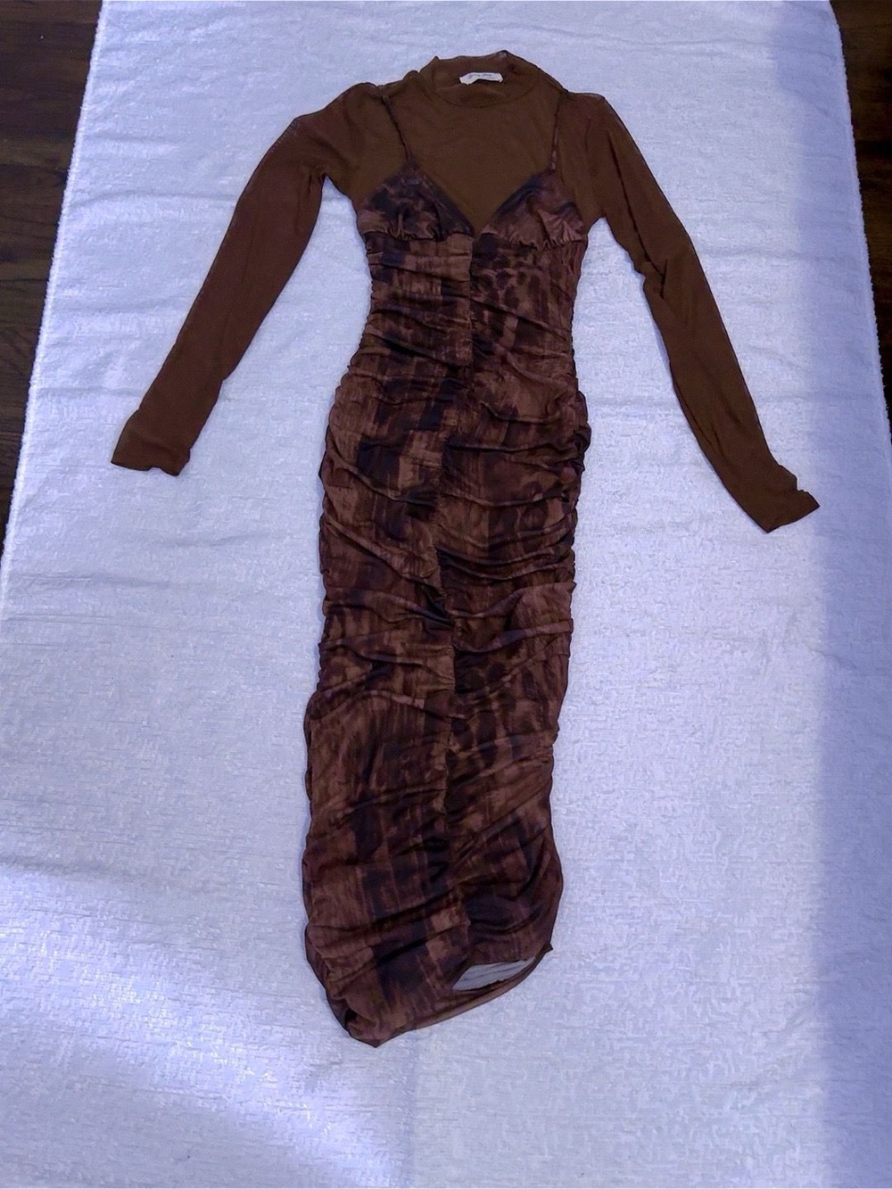Brown Ruched Slip Dress with Long-Sleeve Layered Top